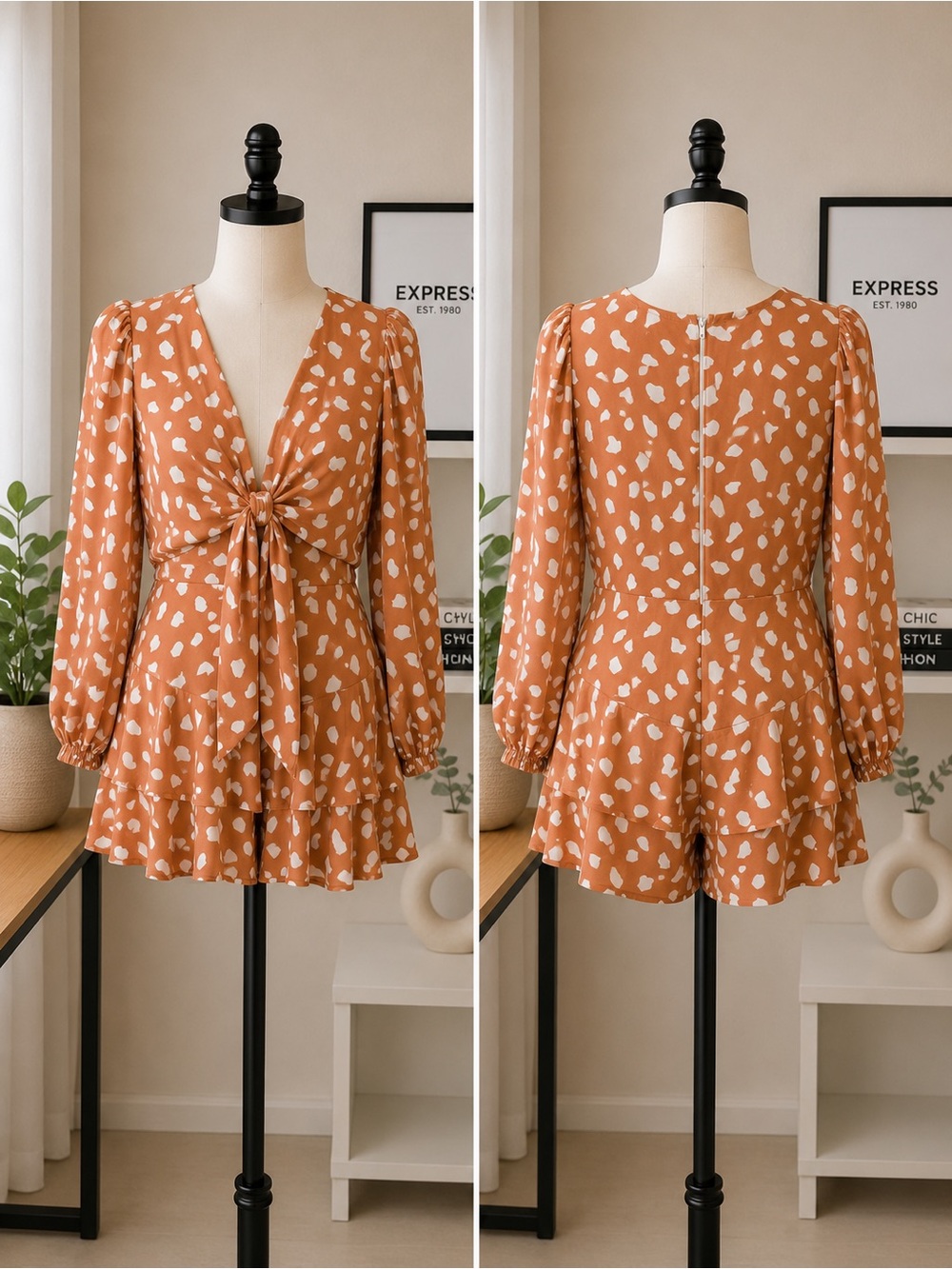 Luxxel Peach and White Polka Dot V-Neck Mini Romper